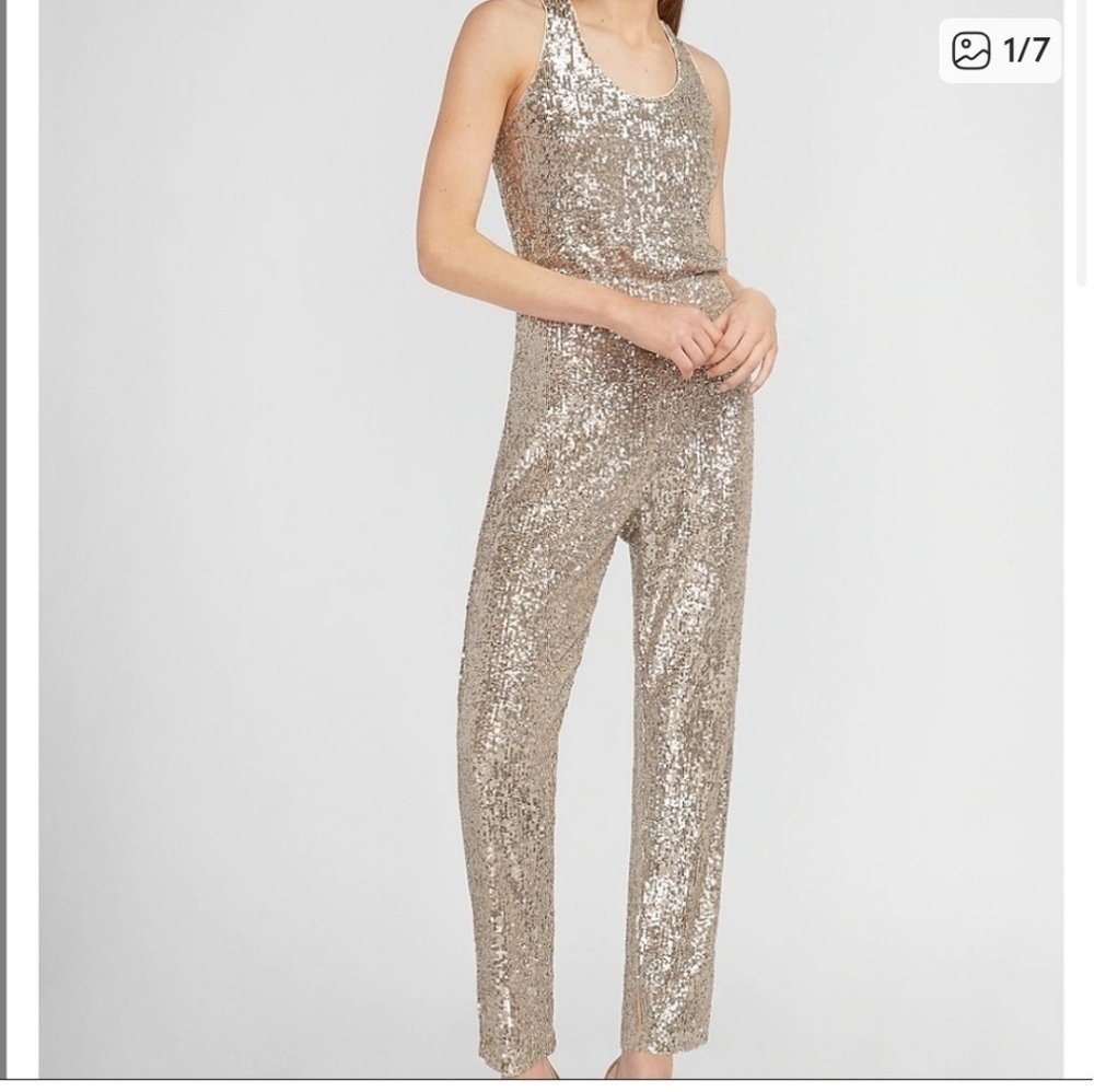 Express Silver Sequin Sleeveless Jumpsuit Size M NWT